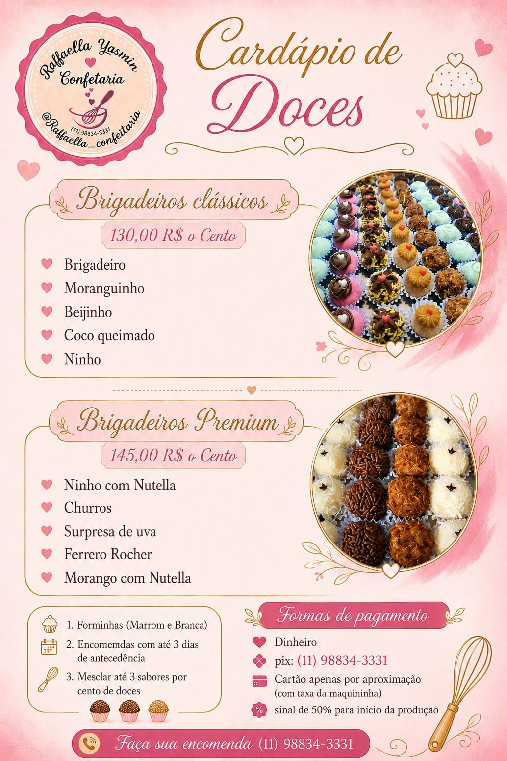 Cardápio de doces com brigadeiros clássicos e premium